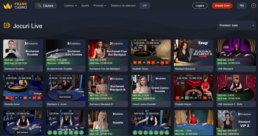 Jocuri de cazino live la Frank casino Romania